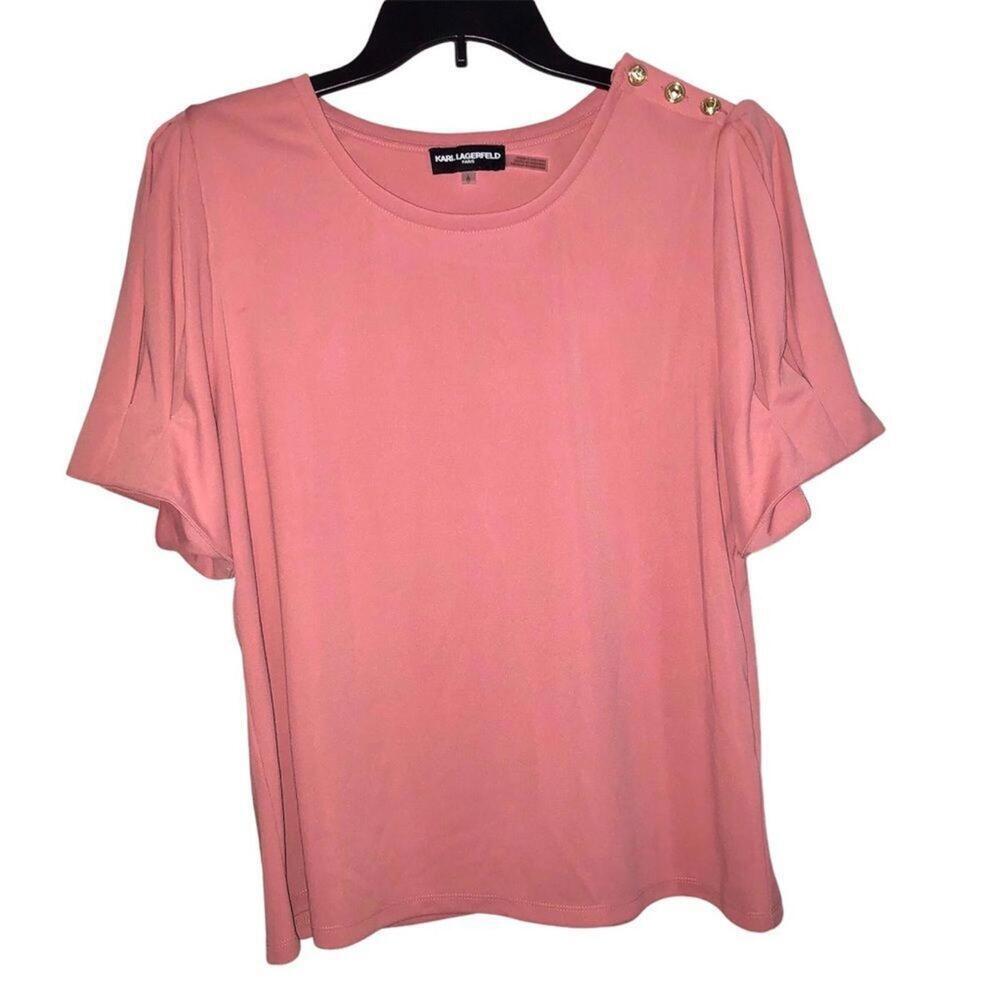 Karl Lagerfield SZ L Mauve Short Sleeve Blouse with Grandma Core Gold Buttons